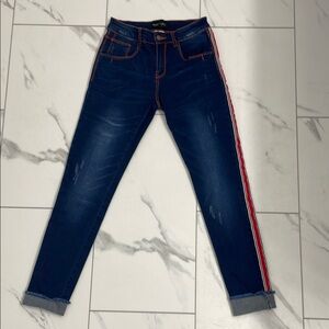 Frank Lyman Skinny Jeans with Red Tuxedo Strip, Distressed. Size M